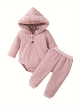 Load image into Gallery viewer, Baby Girl Hooded Romper &amp; Pants Set
