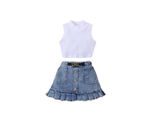 Load image into Gallery viewer, Fashion Style Girl&#39;s High Neck Sleeveless Vest Top With Denim Pocket Pleated Skirt With Belt Girl&#39;s Skirt Suit - Little JQube
