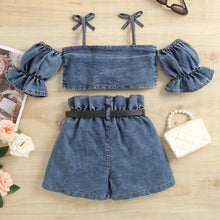 Load image into Gallery viewer, Girl Strap Cute Bow Top with Ruffled Denim Shorts and Belt Set - Little JQube
