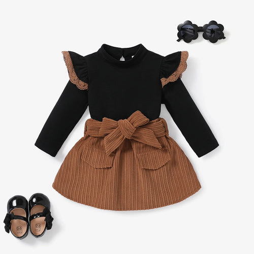Long Sleeve Lace Top/Belt Dress Set - Little JQube