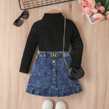 Load image into Gallery viewer, Girls High Neck Long Sleeve Ribbed Denim outfit Set - Little JQube
