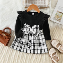 Load image into Gallery viewer, Girls Solid Rib Knit Ruffle Long-sleeve Spliced Tweed Bow Front Dress - Little JQube
