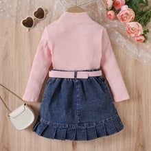 Load image into Gallery viewer, Girls High Neck Long Sleeve Ribbed Denim outfit Set - Little JQube
