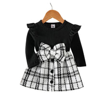 Load image into Gallery viewer, Girls Solid Rib Knit Ruffle Long-sleeve Spliced Tweed Bow Front Dress - Little JQube
