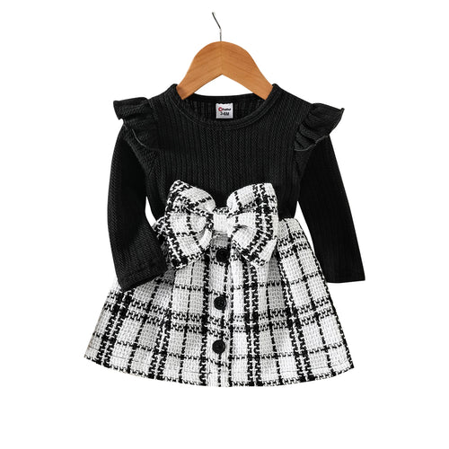 Girls Solid Rib Knit Ruffle Long-sleeve Spliced Tweed Bow Front Dress - Little JQube