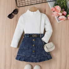 Load image into Gallery viewer, Girls High Neck Long Sleeve Ribbed Denim outfit Set - Little JQube
