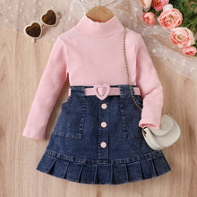 Load image into Gallery viewer, Girls High Neck Long Sleeve Ribbed Denim outfit Set - Little JQube
