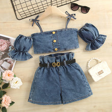 Load image into Gallery viewer, Girl Strap Cute Bow Top with Ruffled Denim Shorts and Belt Set - Little JQube
