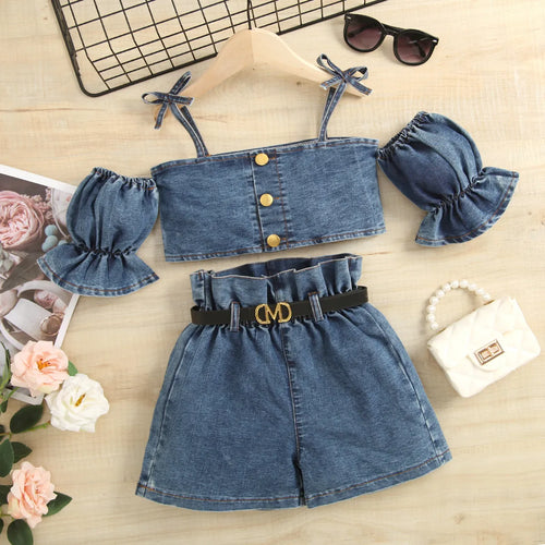 Girl Strap Cute Bow Top with Ruffled Denim Shorts and Belt Set - Little JQube