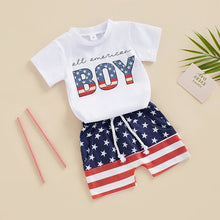 Load image into Gallery viewer, Short Sleeve Letter T-Shirt and Stars Stripes Shorts Set
