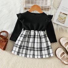 Load image into Gallery viewer, Girls Solid Rib Knit Ruffle Long-sleeve Spliced Tweed Bow Front Dress - Little JQube
