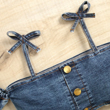 Load image into Gallery viewer, Girl Strap Cute Bow Top with Ruffled Denim Shorts and Belt Set - Little JQube
