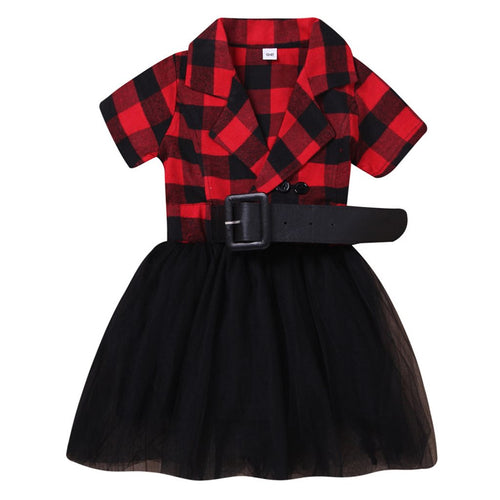 Girls Plaid Print Dress with Belt - Little JQube