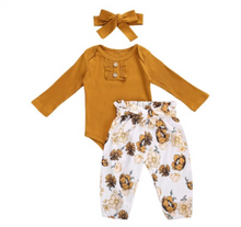 Load image into Gallery viewer, 3 PCs Long-Sleeved Romper Floral Pants Set - Little JQube
