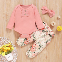 Load image into Gallery viewer, 3 PCs Long-Sleeved Romper Floral Pants Set - Little JQube
