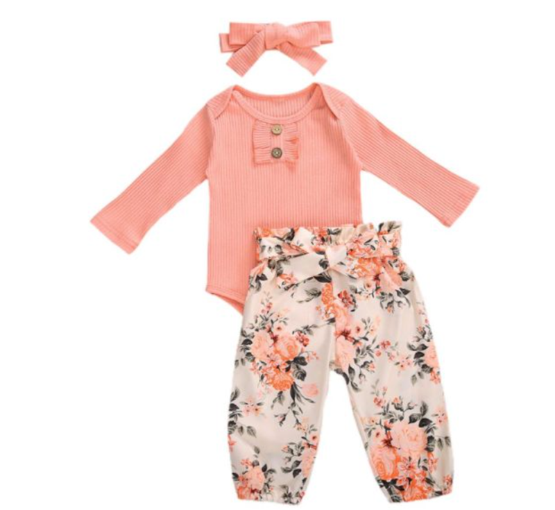 3 PCs Long-Sleeved Romper Floral Pants Set - Little JQube