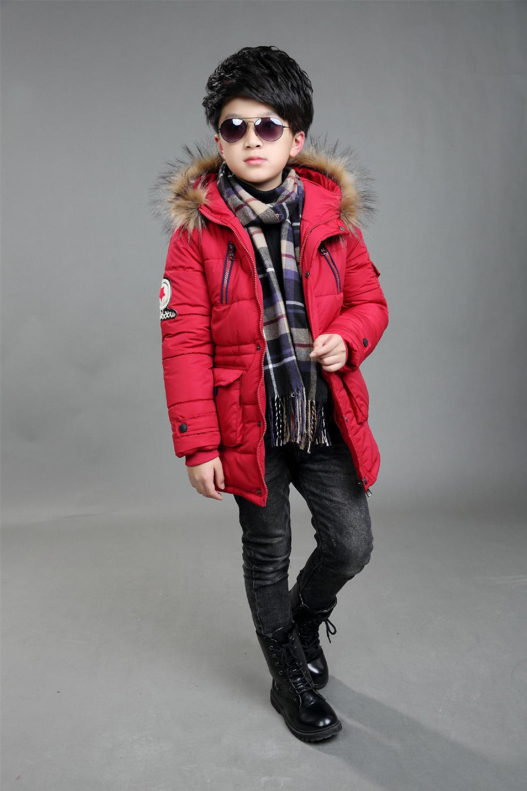 Double zipper coat in the big boy thickening fur collar - Little JQube