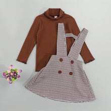 Load image into Gallery viewer, Solid Turtleneck Tops and Plaid Suspender Skirt - Little JQube
