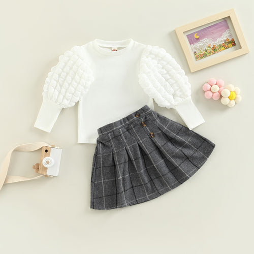 Long Puff Sleeve Top and Button Pleated Skirt Set - Little JQube