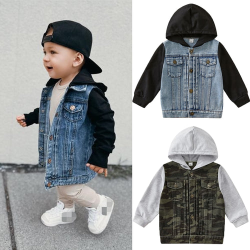 Denim Solid and Camouflage Patchwork Hooded jacket - Little JQube
