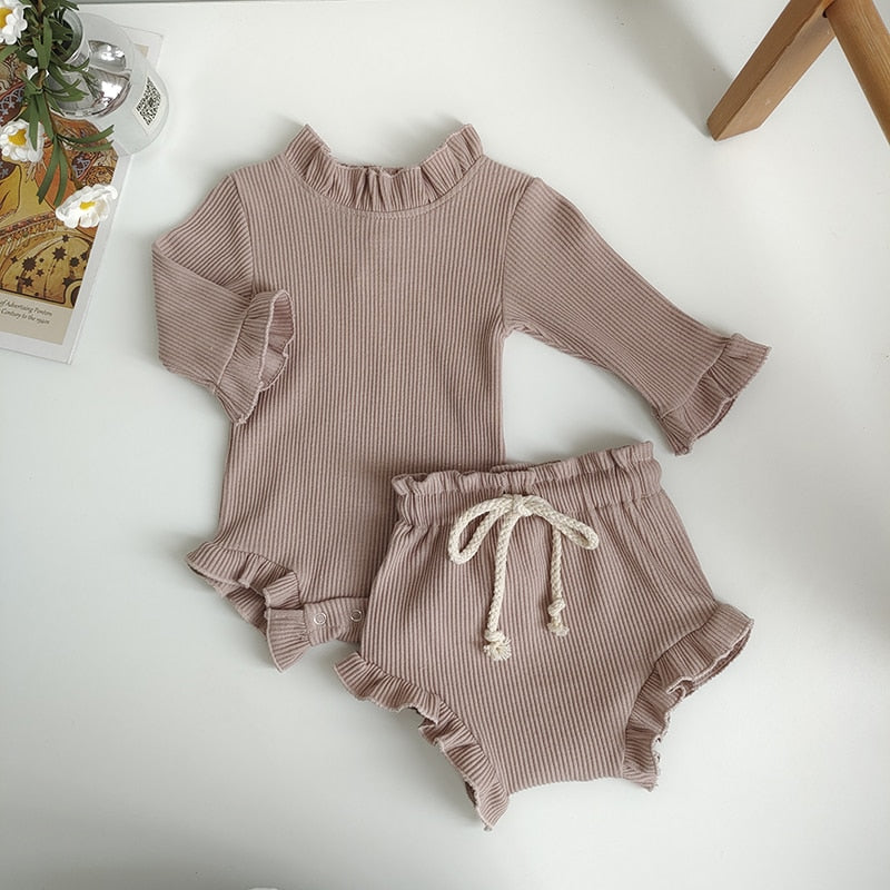 2Pcs Ribbed Ruffle Romper Tops and Shorts - Little JQube