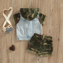 Load image into Gallery viewer, Hooded Camouflage Denim Patchwork Set Top and Short - Little JQube
