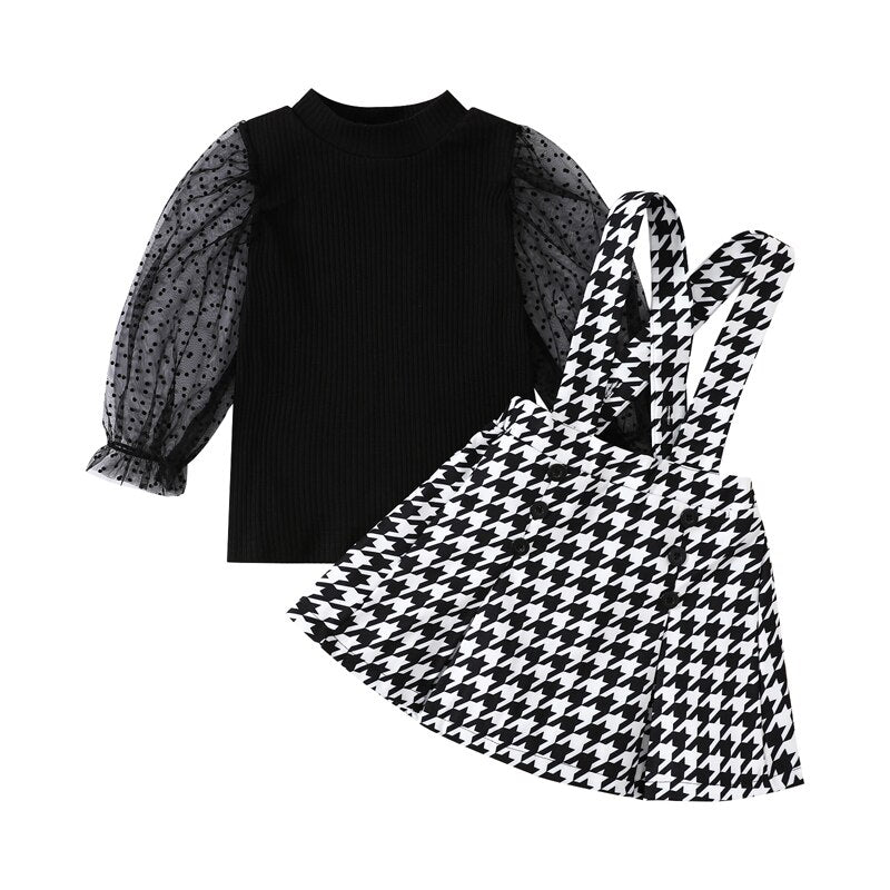 Sheer Dot Puff Top with Houndstooth Print Dress Set - Little JQube