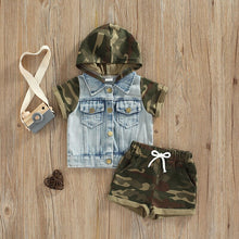 Load image into Gallery viewer, Hooded Camouflage Denim Patchwork Set Top and Short - Little JQube
