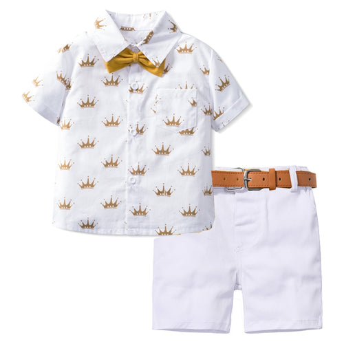 Crown Printed Shirt with Short Bowtie and Leather Belt - Little JQube