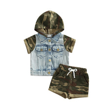 Load image into Gallery viewer, Hooded Camouflage Denim Patchwork Set Top and Short - Little JQube
