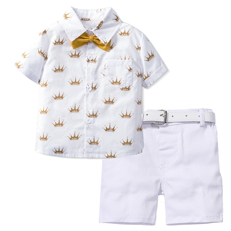 Crown Printed Shirt with Short Bowtie and Leather Belt - Little JQube