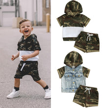 Load image into Gallery viewer, Hooded Camouflage Denim Patchwork Set Top and Short - Little JQube
