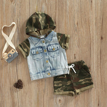 Load image into Gallery viewer, Hooded Camouflage Denim Patchwork Set Top and Short - Little JQube
