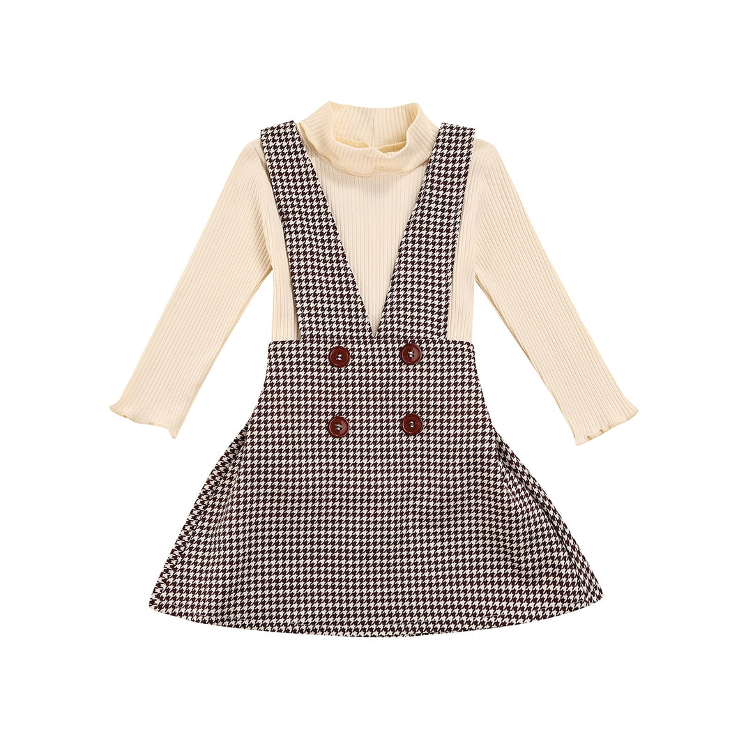 Solid Turtleneck Tops and Plaid Suspender Skirt - Little JQube