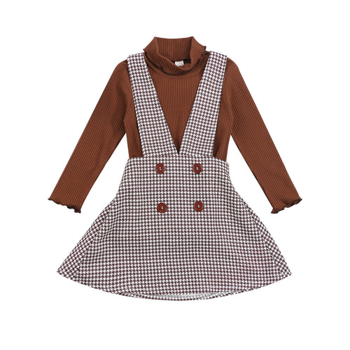 Solid Turtleneck Tops and Plaid Suspender Skirt - Little JQube