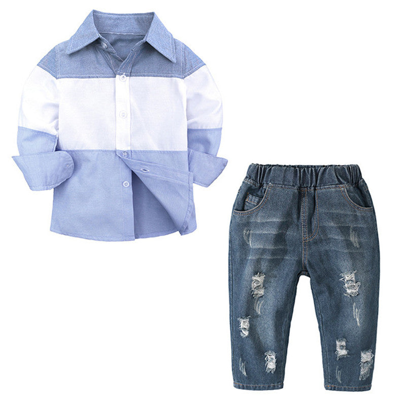 2 PCS Long-Sleeved Shirt with Ripped Jeans Set - Little JQube