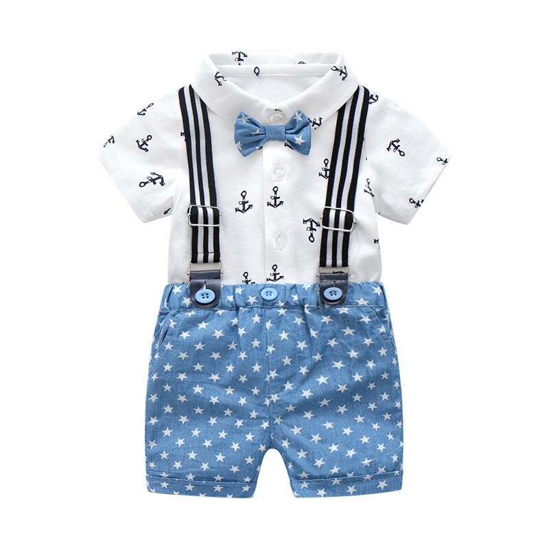 Anchor Pattern Bow Tie Shirt and Stars Print Suspender Shorts Set - Little JQube