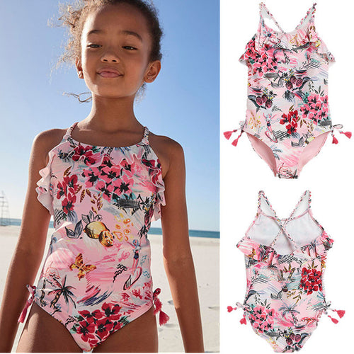 Unicorn and Floral Print Strap Swimsuit - Little JQube